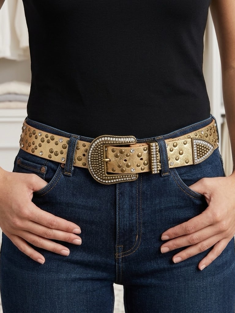 Arizona Jean Vintage Y2k Metallic Gold Leather Studded Belt S Rhinestone Western